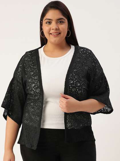 Rute Plus Size
                          Women Black Self Design Shrug
