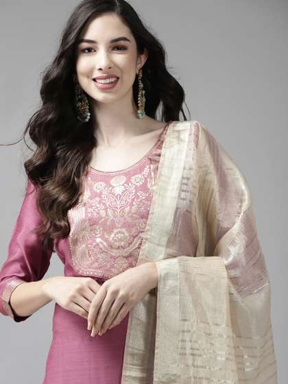 Indo Era Women Pink Yoke Design Regular Kurta with Palazzos & Dupatta