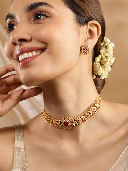 Rubans 24K Gold
                        Plated Ruby,Emerald & White Cubic Zirconia
                        Stone Floral Choker Jewelry Set