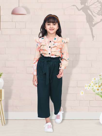 Cutiekins Girls Beige
                      & Green Printed Top with Palazzos