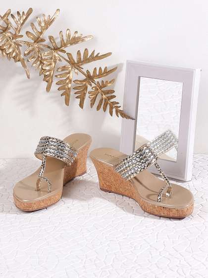 Mochi Women
                        Gold-Toned Embellished T- Strap Wedge