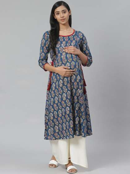 anayna Women Blue
                        Cotton Ethnic Motifs Printed Block Print
                        Maternity Kurta