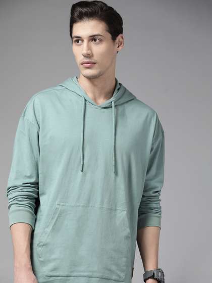 Roadster Men Sea Green Solid Cotton Drop-Shoulder Sleeves Hooded Relaxed Fit T-shirt