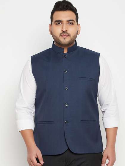 VASTRAMAY Men Plus
                        Size Navy Blue Solid Woven Nehru Jacket