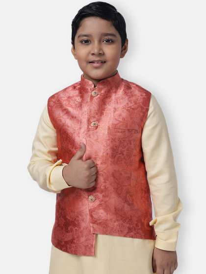 NAMASKAR Boys Printed Pure Silk Woven Nehru Jacket