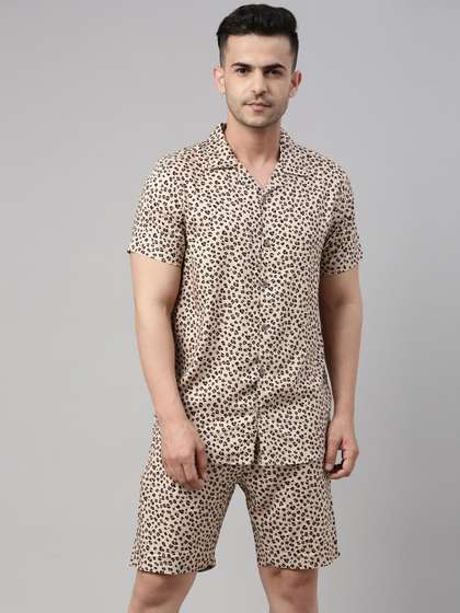 Bushirt Men Beige
                        & Black Printed Night suit