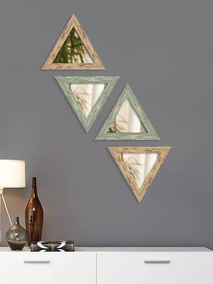 Art Street Set Of 4 Green & Beige Textured Decorative Triangle-Shaped Wall Mirrors