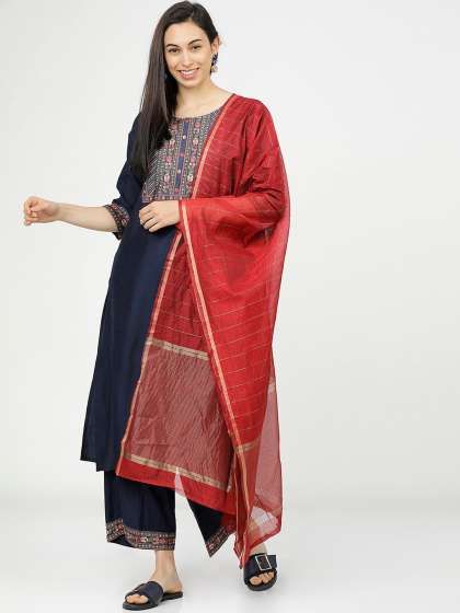 Vishudh Women Navy Blue & Red Ethnic Motifs Yoke Design Kurta with Trousers & Dupatta