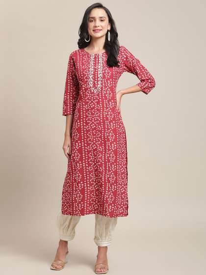 Varanga Women Red Bandhani Printed Gotta Patti Kurta