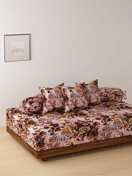 NEUDIS Grey & Brown Floral Printed Single Bedsheet With 2 Bolster Covers & 3 Cushion Covers