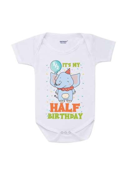 KNITROOT Infant Kids
                    White & Blue Elephant Half Bday Printed Cotton
                    Bodysuit