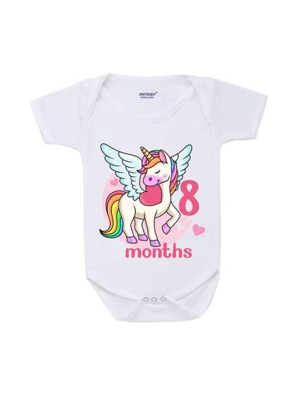 KNITROOT Infants Kids
                    Printed Eight Months Old White Cotton Bodysuit
