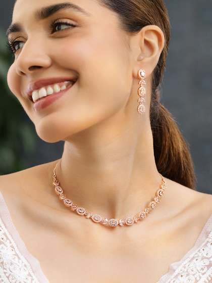 Rubans 18K Rose
                        Gold-Plated White Cubic Zirconia Studded
                        Handcrafted Necklace Set