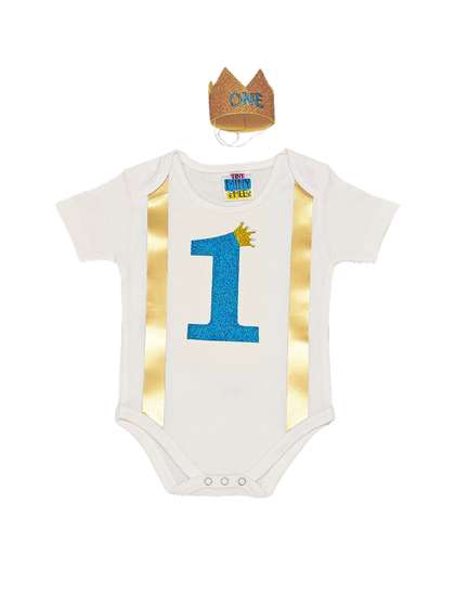 TINY MINY ME Boys White
                    & Golden Gallies Printed Bodysuit with Crown