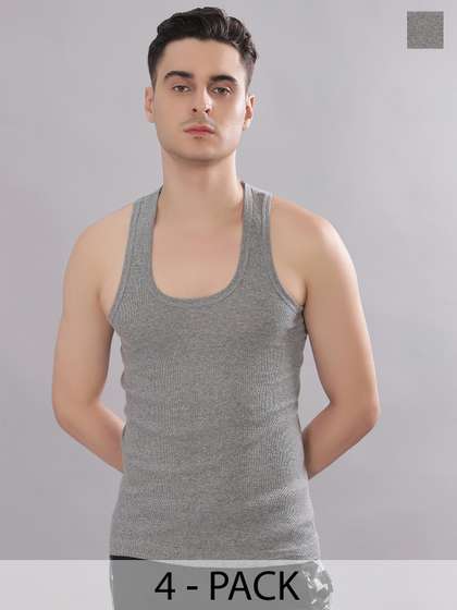 Dollar Bigboss Men
                        Solid Pack of 4 Grey Cotton Stretch Rib Regular
                        Fit Casual Vest