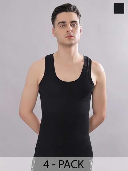 Dollar Bigboss Men
                        Solid Pack of 4 Black Cotton Magic Rib Regular
                        Fit Casual Vest