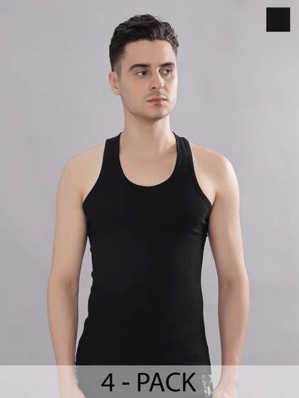 Dollar Bigboss Men
                        Solid Pack of 4 Black Cotton Stretch Rib Regular
                        Fit Casual Vest