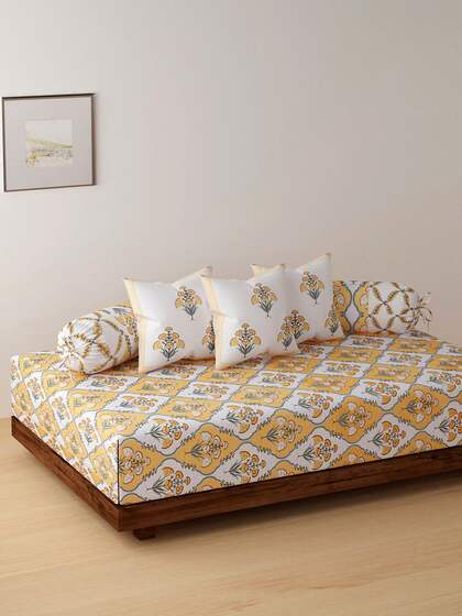 Rajasthan Decor Set Of 6 Yellow & White Printed Cotton Bedsheet With Bolster & Cushion Covers