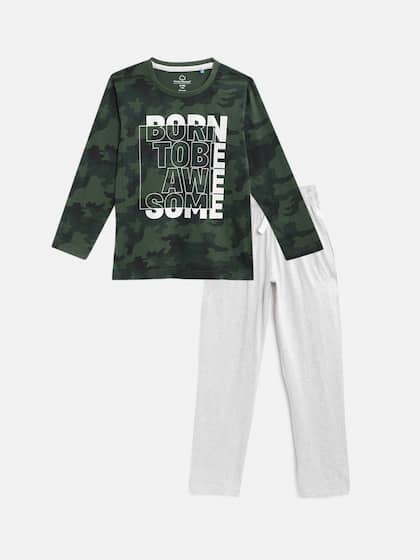 Sweet Dreams Boys Olive Green & Off White Printed Night suit
