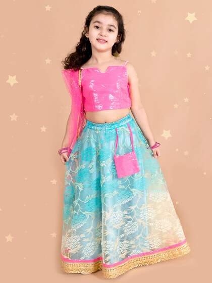 pspeaches Girls Blue & Pink Embellished Sequinned Ready to Wear Lehenga & Blouse With Dupatta