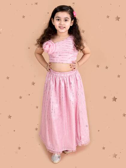 pspeaches Girls Pink & Silver-Toned Embellished Ready to Wear Lehenga