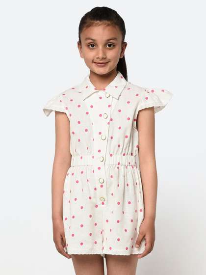 BLANC9 Girls White &
                    Pink Polka Dots Printed Cotton Playsuit