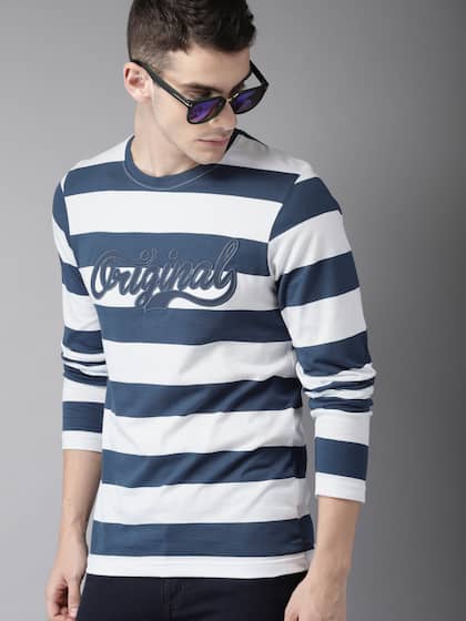 Moda Rapido Men Navy Blue & White Striped T-Shirt