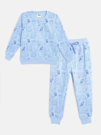 GOJI Kids Blue Printed Winter Night Suit