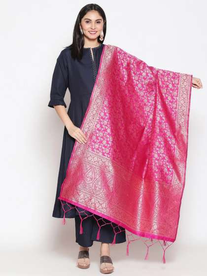 Dupatta Bazaar Pink
                        & Gold-Toned Woven Design Banarasi Silk
                        Dupatta
