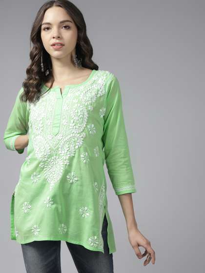 ADA Green & White Ethnic Motifs Embroidered Chikankari Kurti