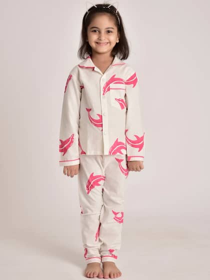 CUTE LEMONS Kids White & Pink Conversational Printed Pure Cotton Night Suit