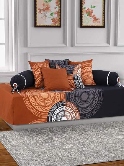 Salona Bichona Set Of 8 Grey & Brown Printed 120 TC Bedsheet With Bolster & Cushion Covers