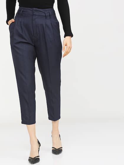 Tokyo Talkies Women Navy Blue Checked Pleated Peg Trousers