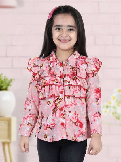 Cutiekins Peach &
                      Red Floral Printed Ruffles Crepe Shirt Style Top