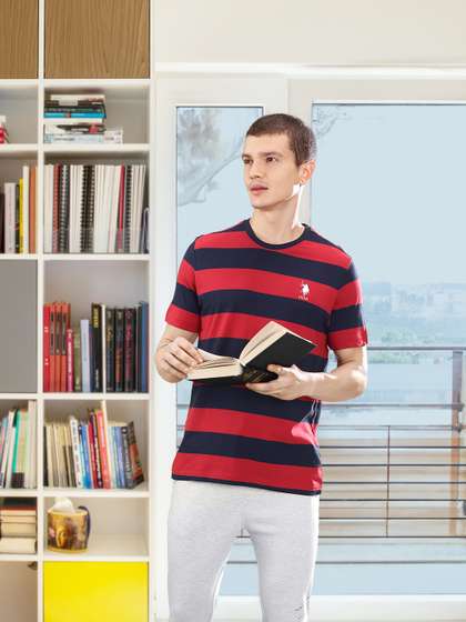 U.S. Polo Assn. Men
                        Red & Navy Blue Striped Comfort-Fit Lounge
                        T-Shirt