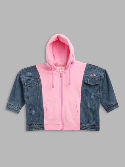 Blue Giraffe Washed Colourblocked Crop Denim Jacket