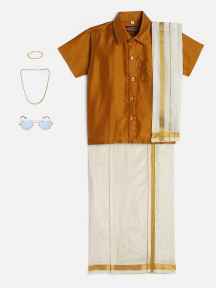 THANGAMAGAN Boys
                        Mustard Shirt with Self-attaching Dhoti, Towel
                        And Freebies Set