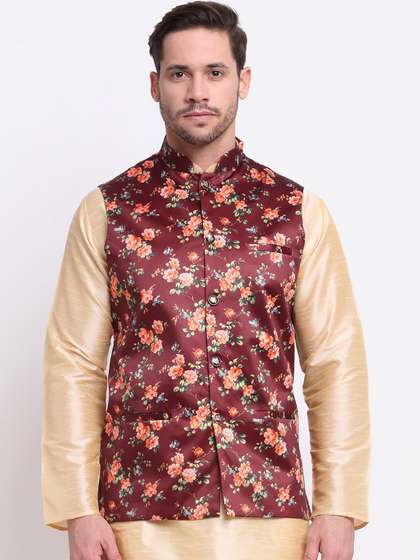 KRAFT INDIA Men Floral Printed Satin Nehru Jacket