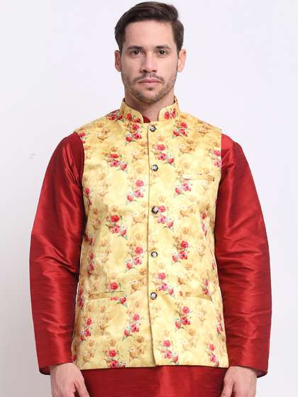 KRAFT INDIA Men Floral Printed Satin Nehru Jacket
