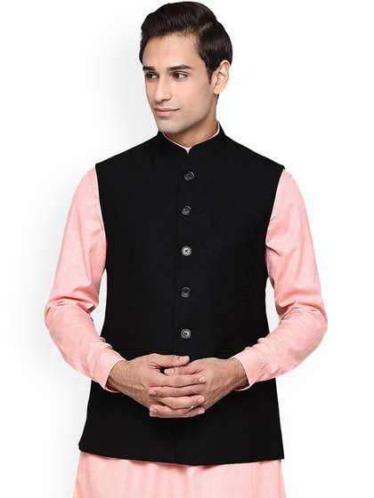 Vastraa Fusion Men
                        Black Solid Woollen Woven Nehru Jacket