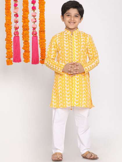 VASTRAMAY Boys Yellow
                    & White Embroidered Chikankari Pure Cotton Kurta
                    with Pyjamas