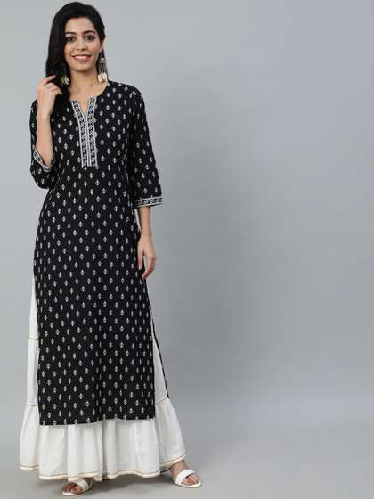 Nayo Women Black Ethnic Motifs Printed Cotton Kurta