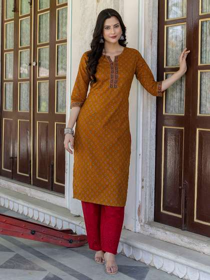 Nayo Women Mustard
                          Yellow Ethnic Motifs Printed Cotton Kurta