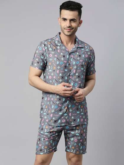 Bushirt Men Grey
                        & Pink Printed Night Suit