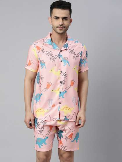 Bushirt Men
                        Peach-Coloured & Blue Printed Night suit