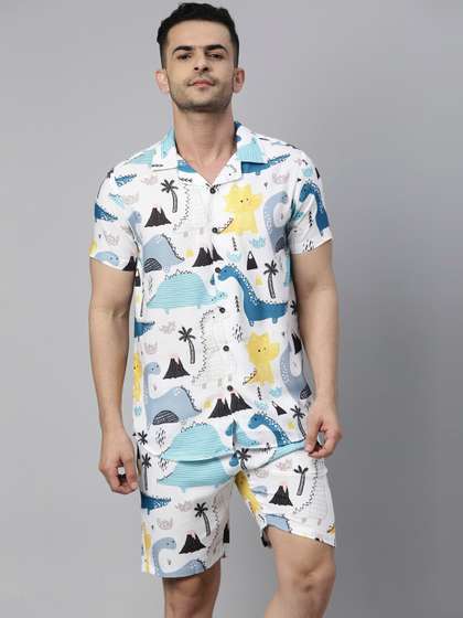 Bushirt Men White
                        & Blue Printed Night Suit