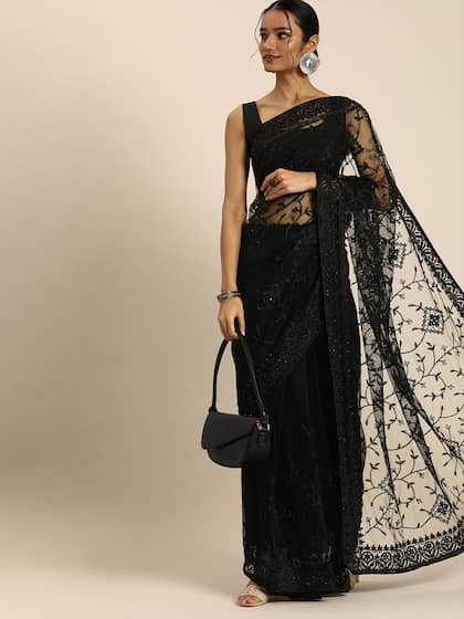 all about you Black Floral Embroidered Net Saree