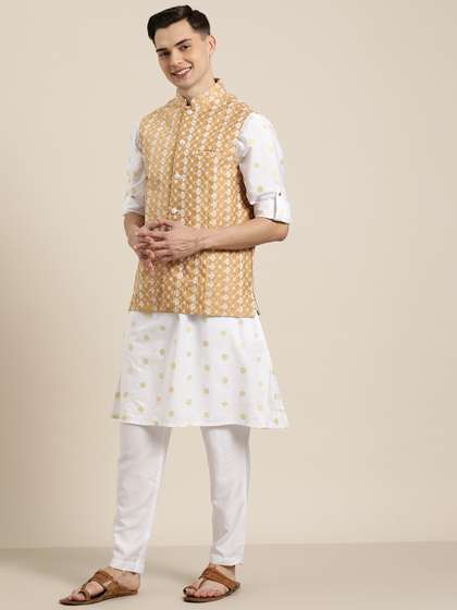 SOJANYA Men Beige
                        & White Chikankari Embroidered Nehru Jacket
