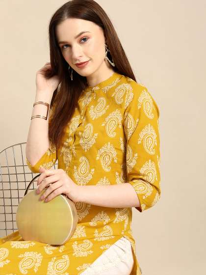 all about you X fwd Women Yellow & White Ethnic Motifs Printed Regular Kurta