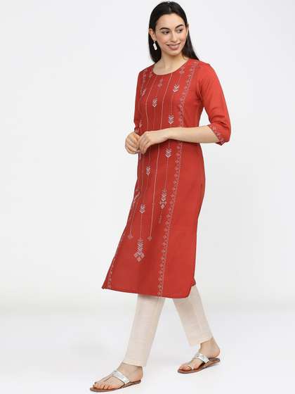 KETCH Women Rust Brown & White Geometric Printed Kurta